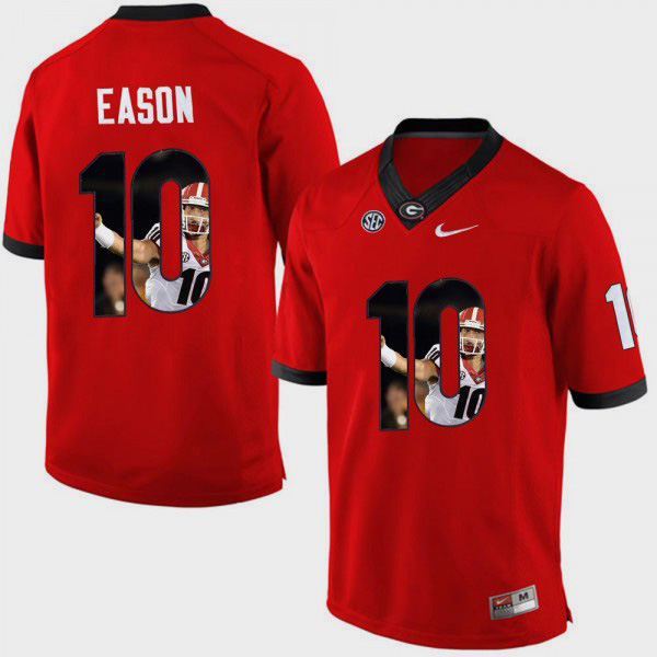 Men's #10 Jacob Eason Georgia Bulldogs Pictorial Fashion For Jersey - Red